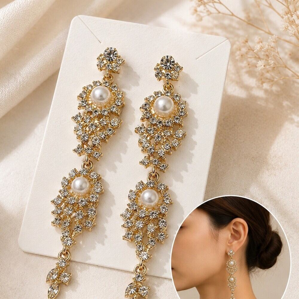 Gold Clear Rhinestone Faux Pearl Chandelier Dangle Drop Earrings cute formal